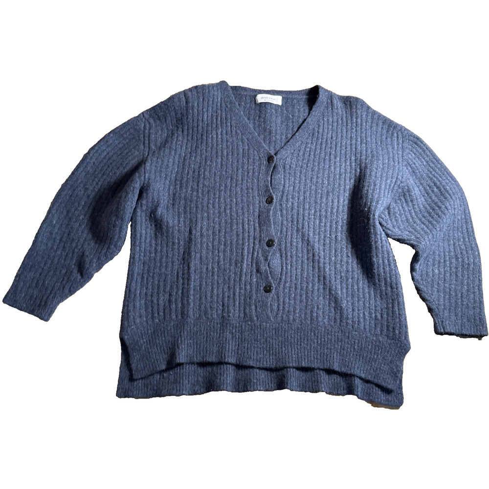 James Street Women Faux Cardigan Blue 100% Marino Extra Fine Wool Sweater O/S